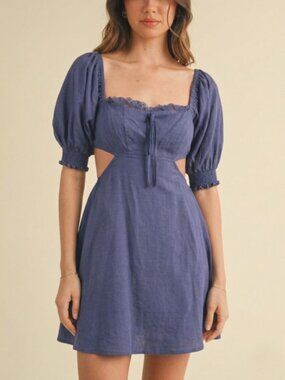 Square Neck Puff Sleeve Mini Dress in Dusty Blue